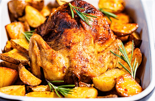 Pollo al horno con papas doradas